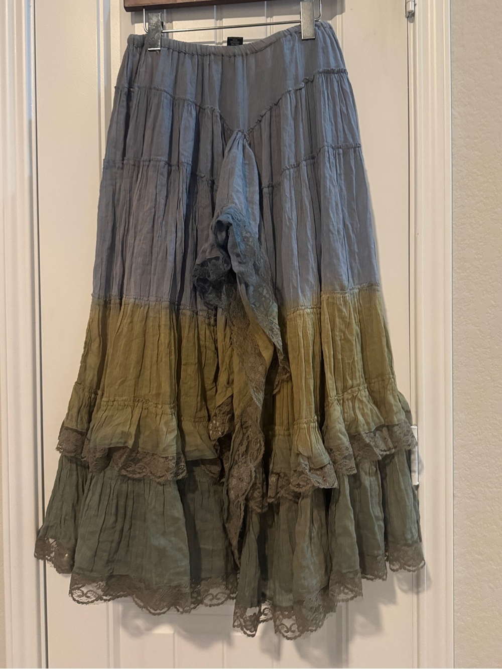 ETC y2k Boho Ombre Tiered Skirt in Blue and Olive fairy festival Victorian